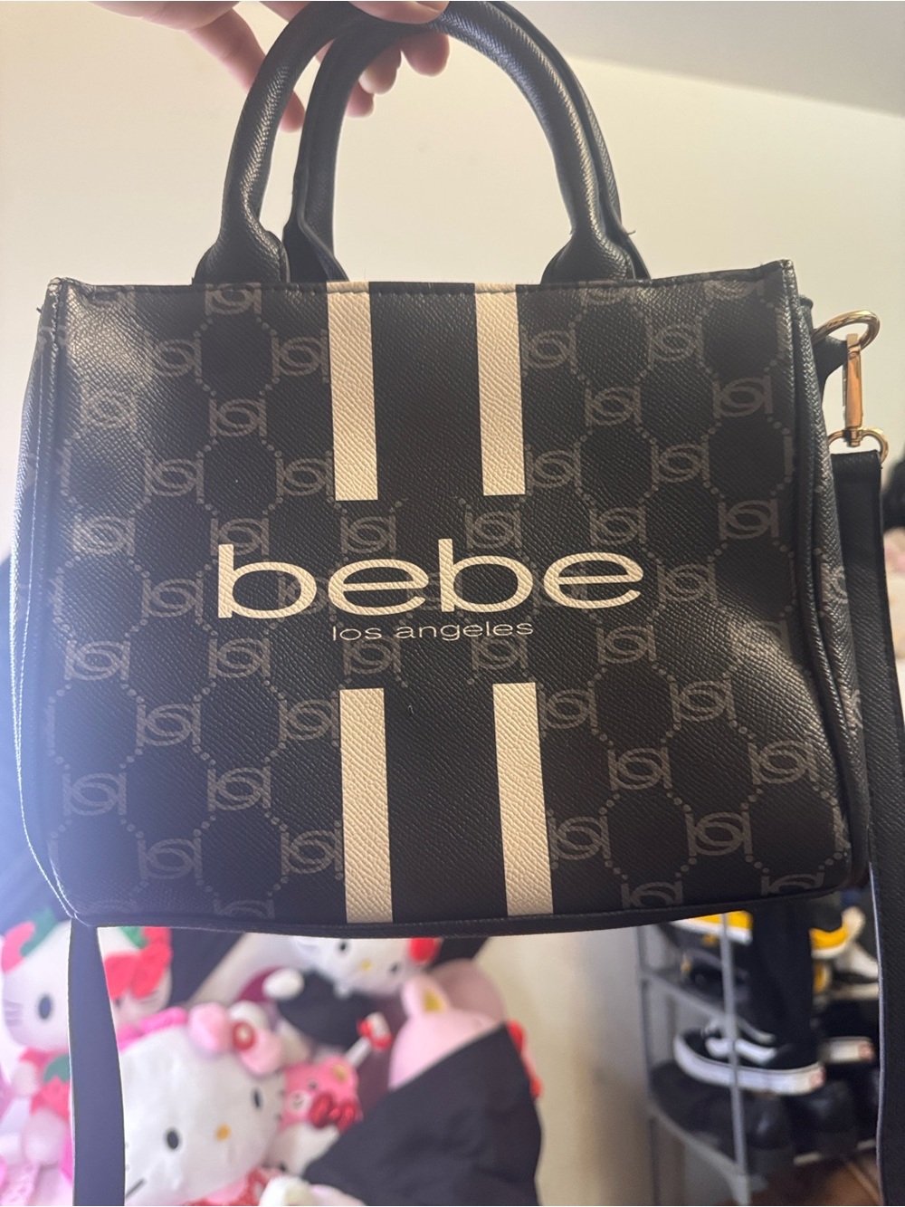 bebe Black and Cream Logo Stripe Satchel